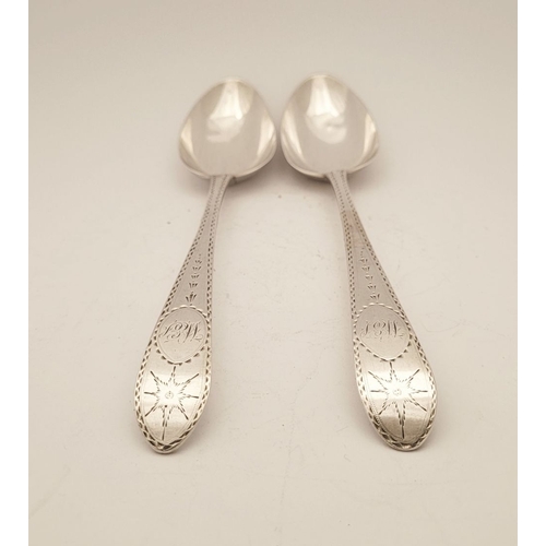 52 - A VERY FINE PAIR OF IRISH LATE 18TH CENTURY SILVER BRIGHTCUT DECORATED SERVING SPOONS, by John Osbor... 