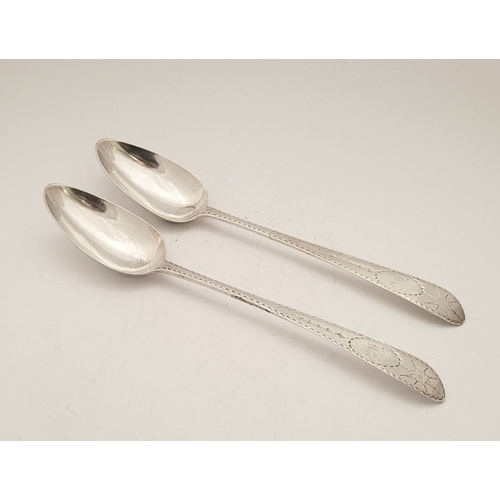 52 - A VERY FINE PAIR OF IRISH LATE 18TH CENTURY SILVER BRIGHTCUT DECORATED SERVING SPOONS, by John Osbor... 