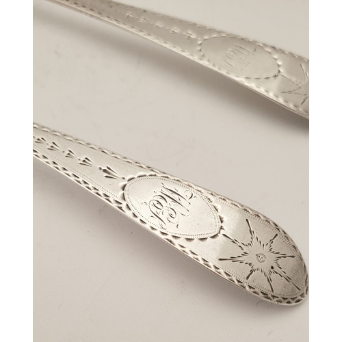 52 - A VERY FINE PAIR OF IRISH LATE 18TH CENTURY SILVER BRIGHTCUT DECORATED SERVING SPOONS, by John Osbor... 