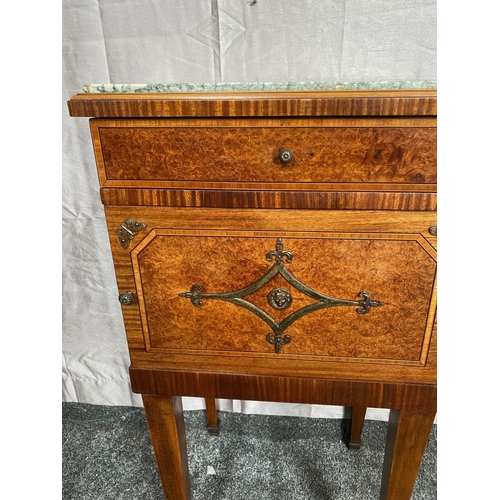 6 - A FINELY CRAFTED WALNUT INLAID BRASS MOUNTED MARBLE TOPPED CABINET, to the front a single drawer ove... 