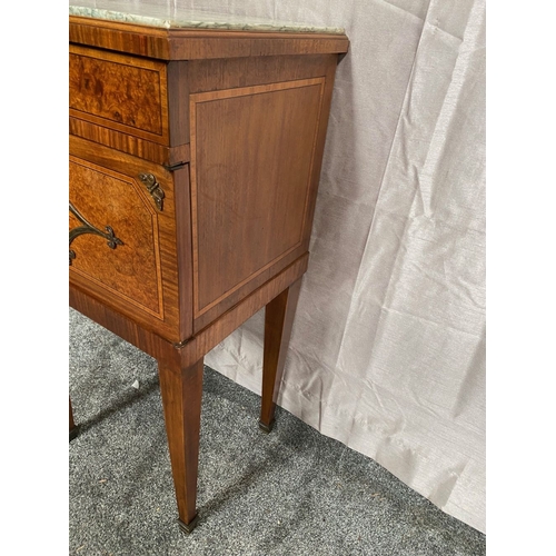 6 - A FINELY CRAFTED WALNUT INLAID BRASS MOUNTED MARBLE TOPPED CABINET, to the front a single drawer ove... 