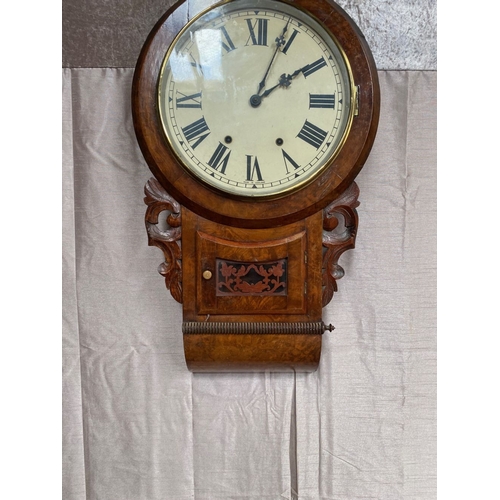 88 - A GOOD QAULITY WALNUT AMERICAN WALL CLOCK - DIAL ENGLISH MADE, the large dial with roman numerals is... 