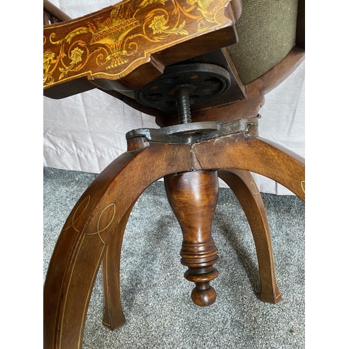 89 - AN EARLY 20TH CENTURY CURVED ADJUSTABLE PIANO / DRESSING STOOL, the seat is curved with upright bars... 