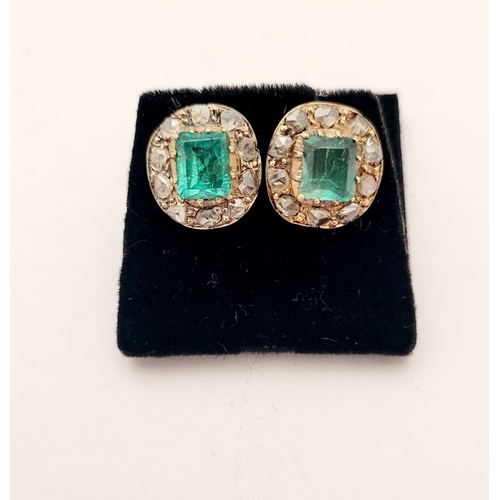 10 - A LOVELY PAIR OF ANTIQUE EMERALD & DIAMOND ENCRUSTED EARRINGS, with 18ct yellow gold backings – stam... 