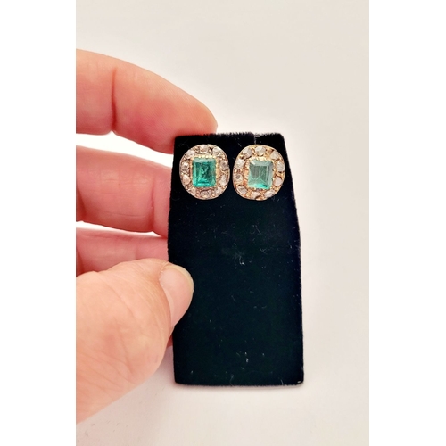 10 - A LOVELY PAIR OF ANTIQUE EMERALD & DIAMOND ENCRUSTED EARRINGS, with 18ct yellow gold backings – stam... 