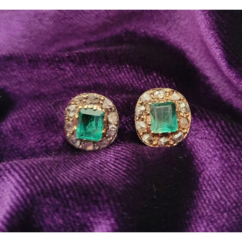 10 - A LOVELY PAIR OF ANTIQUE EMERALD & DIAMOND ENCRUSTED EARRINGS, with 18ct yellow gold backings – stam... 