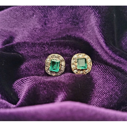 10 - A LOVELY PAIR OF ANTIQUE EMERALD & DIAMOND ENCRUSTED EARRINGS, with 18ct yellow gold backings – stam... 