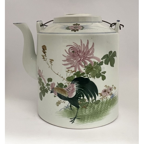 13 - A LARGE ORIENTAL PAINTED TEAPOT, this large ceramic teapot features painted scene to front depicting... 