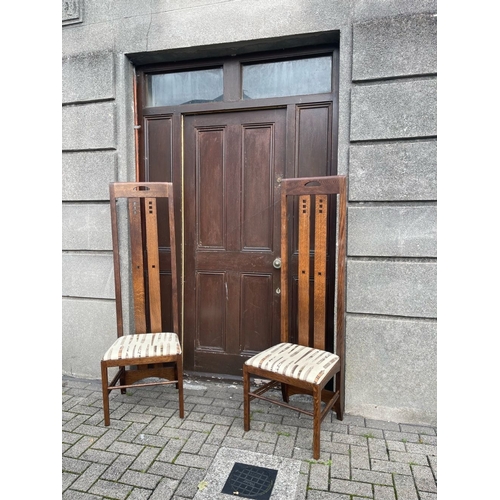 16 - A RARE PAIR OF SCOTTISH CHARLES RENNIE MACKINTOSH TEA ROOM CHAIRS, high backed chair with long uprig... 