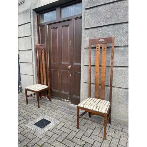 16 - A RARE PAIR OF SCOTTISH CHARLES RENNIE MACKINTOSH TEA ROOM CHAIRS, high backed chair with long uprig... 