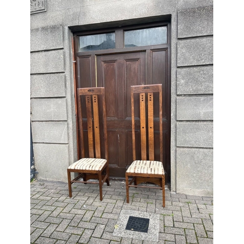 16 - A RARE PAIR OF SCOTTISH CHARLES RENNIE MACKINTOSH TEA ROOM CHAIRS, high backed chair with long uprig... 