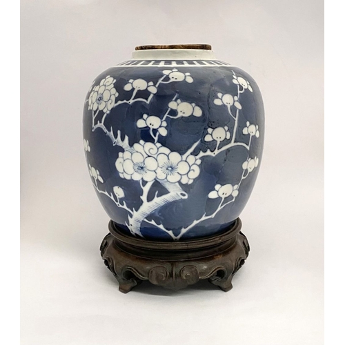 2 - A LATE QING DYNASTY CHINESE BLUE AND WHITE GINGER JAR WITH STAND, ginger jar of bulbous form, painte... 