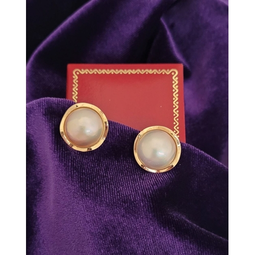 20 - A FANTASTIC CASED PAIR OF MABE PEARL EARRINGS SET IN 14CT YELLOW GOLD, a striking pair of large Mabe... 