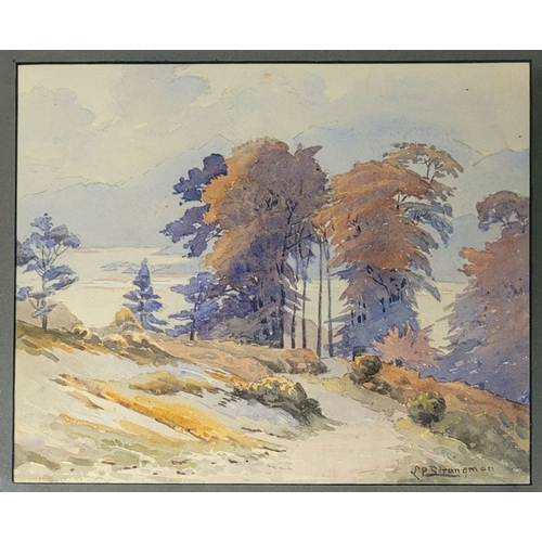 24 - L.P. STRANGMAN, (IRISH, 19TH / 20TH CENTURY), LAKE & MOUNTAIN LANDSCAPE, signed lower right. Frame: ... 