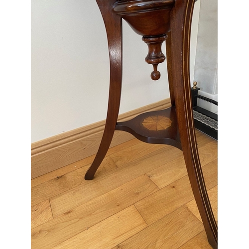 33 - A VERY FINE MAHOGANY INLAID REGENCY STYLE BASKET JARDINIERE STAND, with a liner, the slated tapered ... 