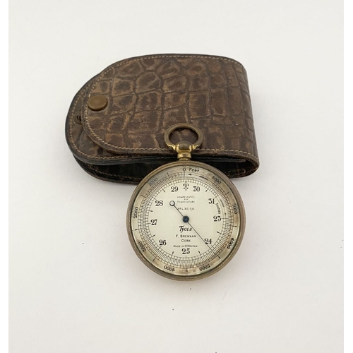 35 - A GOOD ANTIQUE ‘F. BRENNAN CORK’ POCKET BAROMETER, brass barometer, the dial reading ‘compensated fo... 