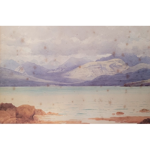 39 - CAPTAIN GEORGE DRUMMOND FISH, (IRISH 1876 – 1938), MOUTAINS & LAKE LANDSCAPE, watercolour on card, s... 