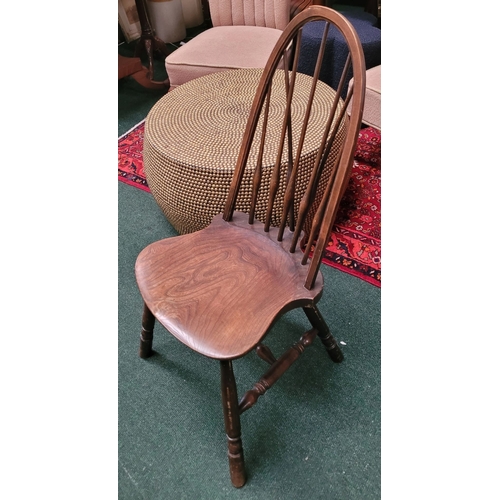 42 - A GOOD WINDSOR STYLE BRACE-BACK WALNUT CHAIR, with bentwood curved back rest having turned spindle u... 