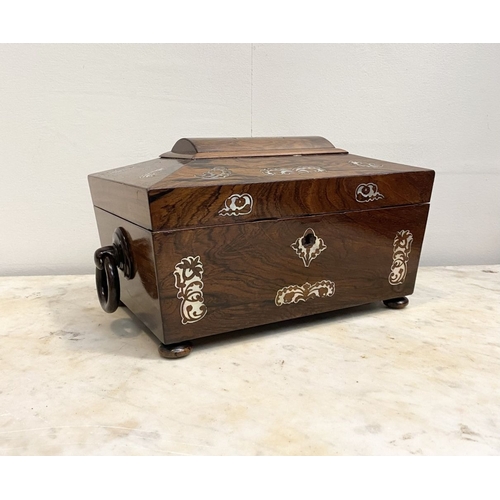 64 - AN EXCELLENT MAHOGANY MOTHER OF PEARL INLAID TEA CADDY BOX, sarcophagus shaped with decorative mothe... 