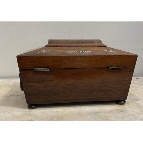 64 - AN EXCELLENT MAHOGANY MOTHER OF PEARL INLAID TEA CADDY BOX, sarcophagus shaped with decorative mothe... 