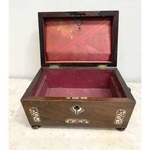 64 - AN EXCELLENT MAHOGANY MOTHER OF PEARL INLAID TEA CADDY BOX, sarcophagus shaped with decorative mothe... 