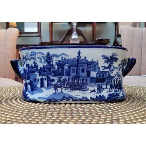 65 - A SMALL BLUE & WHITE JARDINIÉRE BOWL, decorated to the interior & exterior, with a classical scene d... 