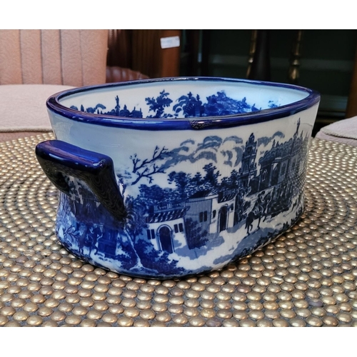 65 - A SMALL BLUE & WHITE JARDINIÉRE BOWL, decorated to the interior & exterior, with a classical scene d... 