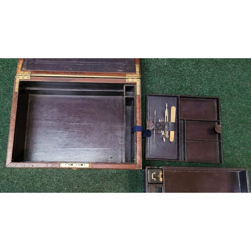 66 - A VERY GOOD QUALITY 19TH CENTURY ROSEWOOD TRAVELLING WRITING BOX, with brass engraved campaign handl... 