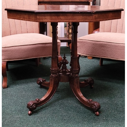 68 - A LATE 19TH CENTURY OCTAGONAL SHAPED BURR WALNUT & INLAID CENTRE TABLE, with ebonised edge & string ... 