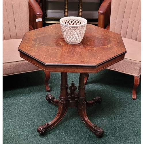 68 - A LATE 19TH CENTURY OCTAGONAL SHAPED BURR WALNUT & INLAID CENTRE TABLE, with ebonised edge & string ... 