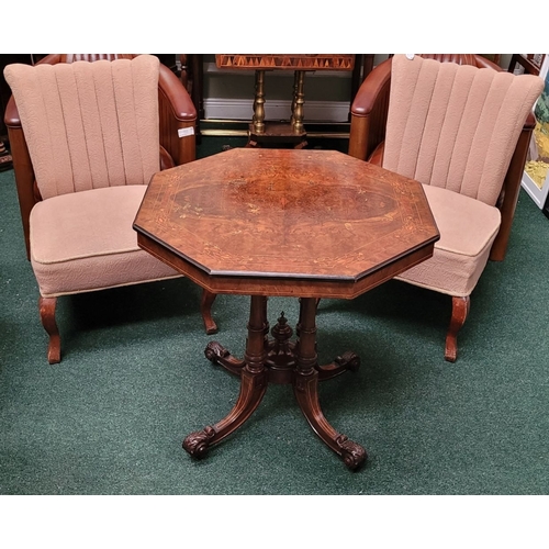 68 - A LATE 19TH CENTURY OCTAGONAL SHAPED BURR WALNUT & INLAID CENTRE TABLE, with ebonised edge & string ... 