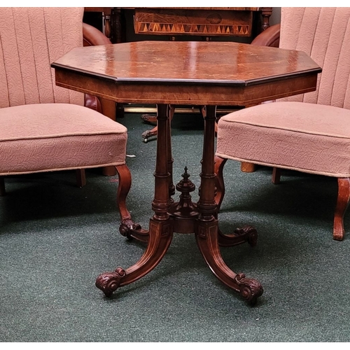 68 - A LATE 19TH CENTURY OCTAGONAL SHAPED BURR WALNUT & INLAID CENTRE TABLE, with ebonised edge & string ... 