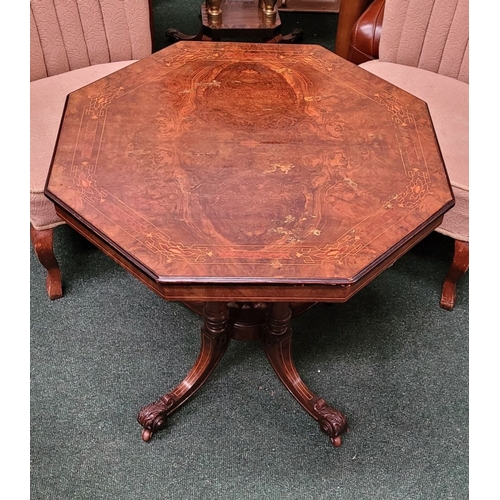 68 - A LATE 19TH CENTURY OCTAGONAL SHAPED BURR WALNUT & INLAID CENTRE TABLE, with ebonised edge & string ... 