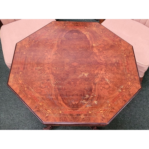 68 - A LATE 19TH CENTURY OCTAGONAL SHAPED BURR WALNUT & INLAID CENTRE TABLE, with ebonised edge & string ... 