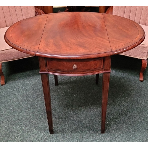 71 - A GOOD QUALITY HEAVY HARDWOOD DROP LEAVE TABLE, with ‘D’ shaped leaves on each side and a single fri... 