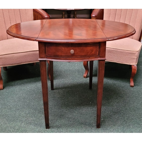 71 - A GOOD QUALITY HEAVY HARDWOOD DROP LEAVE TABLE, with ‘D’ shaped leaves on each side and a single fri... 