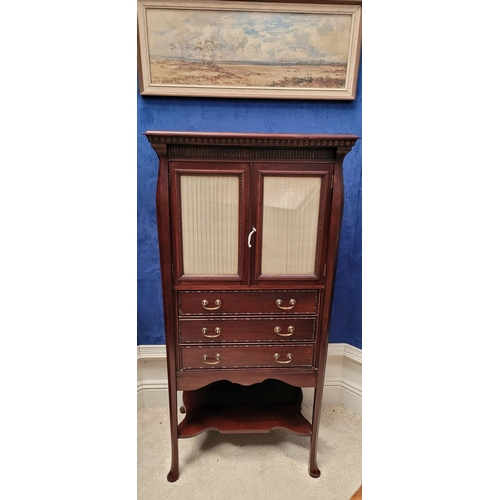 72 - A VERY FINE EDWARDIAN STONES PATENT GLAZED MUSIC CABINET,  with a double glazed cabinet door to the ... 