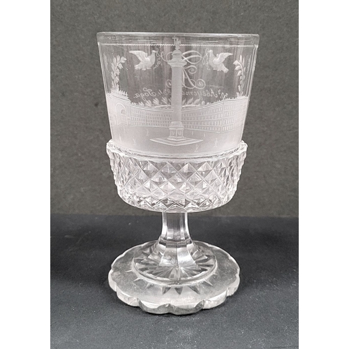 8 - A 19TH CENTURY IMPERIAL GLASS WORKS GOBLET, of cylindrical form, raised on a faceted stem, on a circ... 