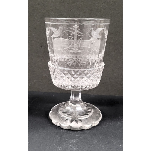 8 - A 19TH CENTURY IMPERIAL GLASS WORKS GOBLET, of cylindrical form, raised on a faceted stem, on a circ... 