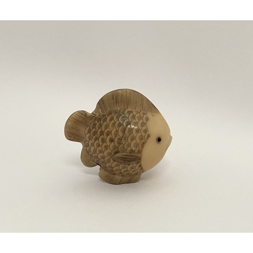 9 - AN ANTIQUE HAND CARVED JAPANESE TAGUA NUT NETSUKE, in the form of a fish, signed to side. Intricatel... 