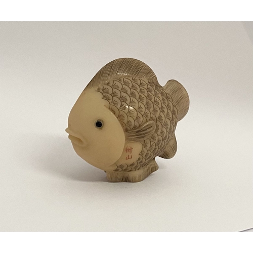 9 - AN ANTIQUE HAND CARVED JAPANESE TAGUA NUT NETSUKE, in the form of a fish, signed to side. Intricatel... 