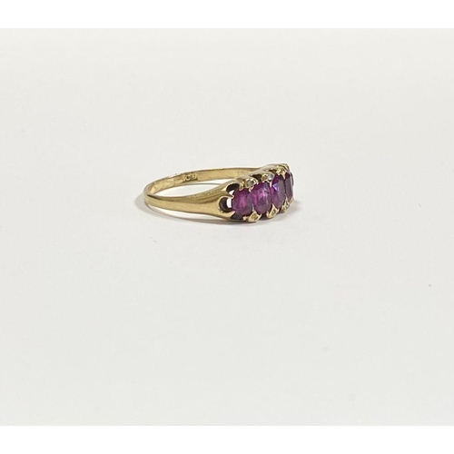 10 - A STRIKING 18CT YELLOW GOLD FIVE STONE RUBY RING, with five oval cut rubies graduating in size from ... 