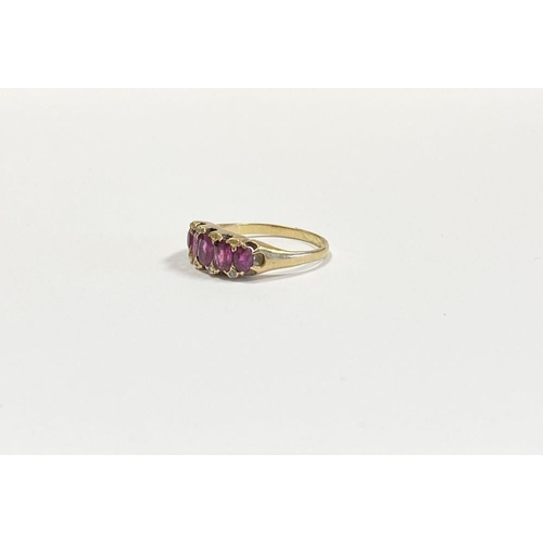 10 - A STRIKING 18CT YELLOW GOLD FIVE STONE RUBY RING, with five oval cut rubies graduating in size from ... 