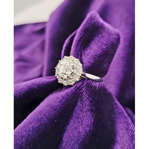 101 - A VERY FINE 18CT WHITE GOLD DIAMOND CLUSTER RING, with a large raised central round diamond, surroun... 