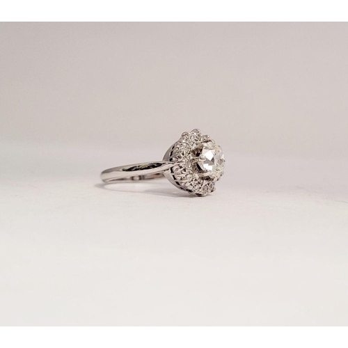 101 - A VERY FINE 18CT WHITE GOLD DIAMOND CLUSTER RING, with a large raised central round diamond, surroun... 