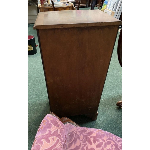 111 - A NEAT SIZED MAHOGANY CHEST OF DRAWERS, serpentine shaped, the top with crossbanded border and mould... 