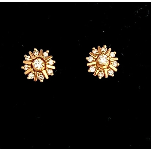 12 - A GORGEOUS PAIR OF BESPOKE 9CT YELLOW GOLD DIAMOND STARBURST PAIR OF EARRINGS / STUDS, beautiful des... 