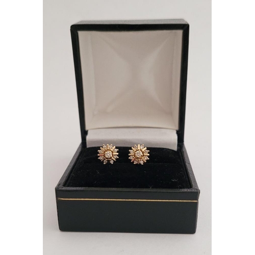 12 - A GORGEOUS PAIR OF BESPOKE 9CT YELLOW GOLD DIAMOND STARBURST PAIR OF EARRINGS / STUDS, beautiful des... 