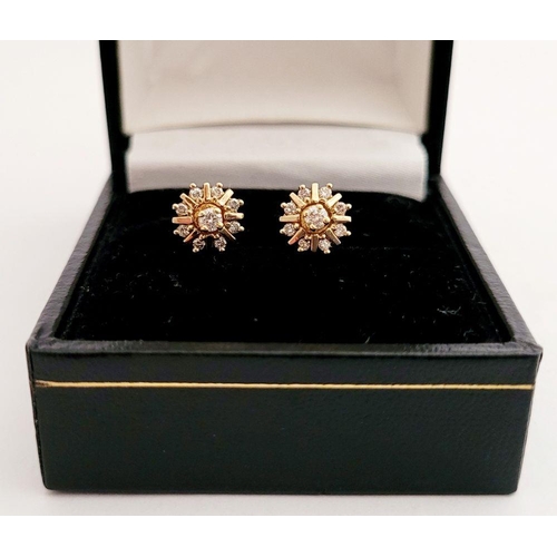 12 - A GORGEOUS PAIR OF BESPOKE 9CT YELLOW GOLD DIAMOND STARBURST PAIR OF EARRINGS / STUDS, beautiful des... 