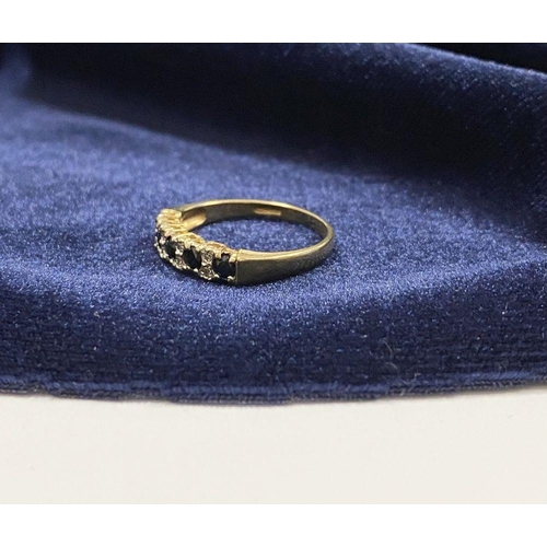 120 - A BEAUTIFUL 9CT YELLOW GOLD SAPPHIRE & DIAMOND BAND RING, with five round cut sapphires separated by... 